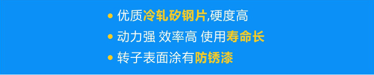 使用優(yōu)質(zhì)冷軋矽鋼片，硬度高；轉(zhuǎn)子經(jīng)高頻淬火，動力強 效率高 壽命長；轉(zhuǎn)子表面涂有防銹漆，更耐用！